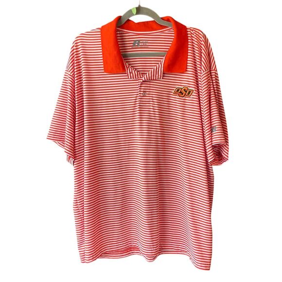OKLAHOMA STATE COWBOYS RUSSELL Athletic Polo‎ Orange White Striped Size 2XL - Picture 1 of 9